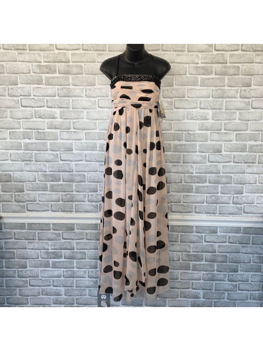 Jessica McClintock Chiffon Beaded Maxi Dress Blush Pink Polka Dot NWT 3